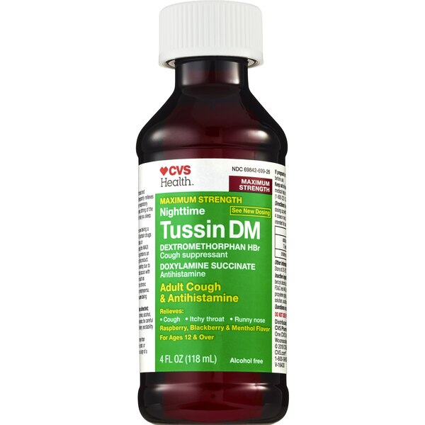 CVS Health Maximum Strength Nighttime Tussin DM Adult Cough Suppressant Liquid, Berry and Menthol, 4 OZ