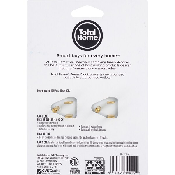 Total Home 6 Outlet Block, White