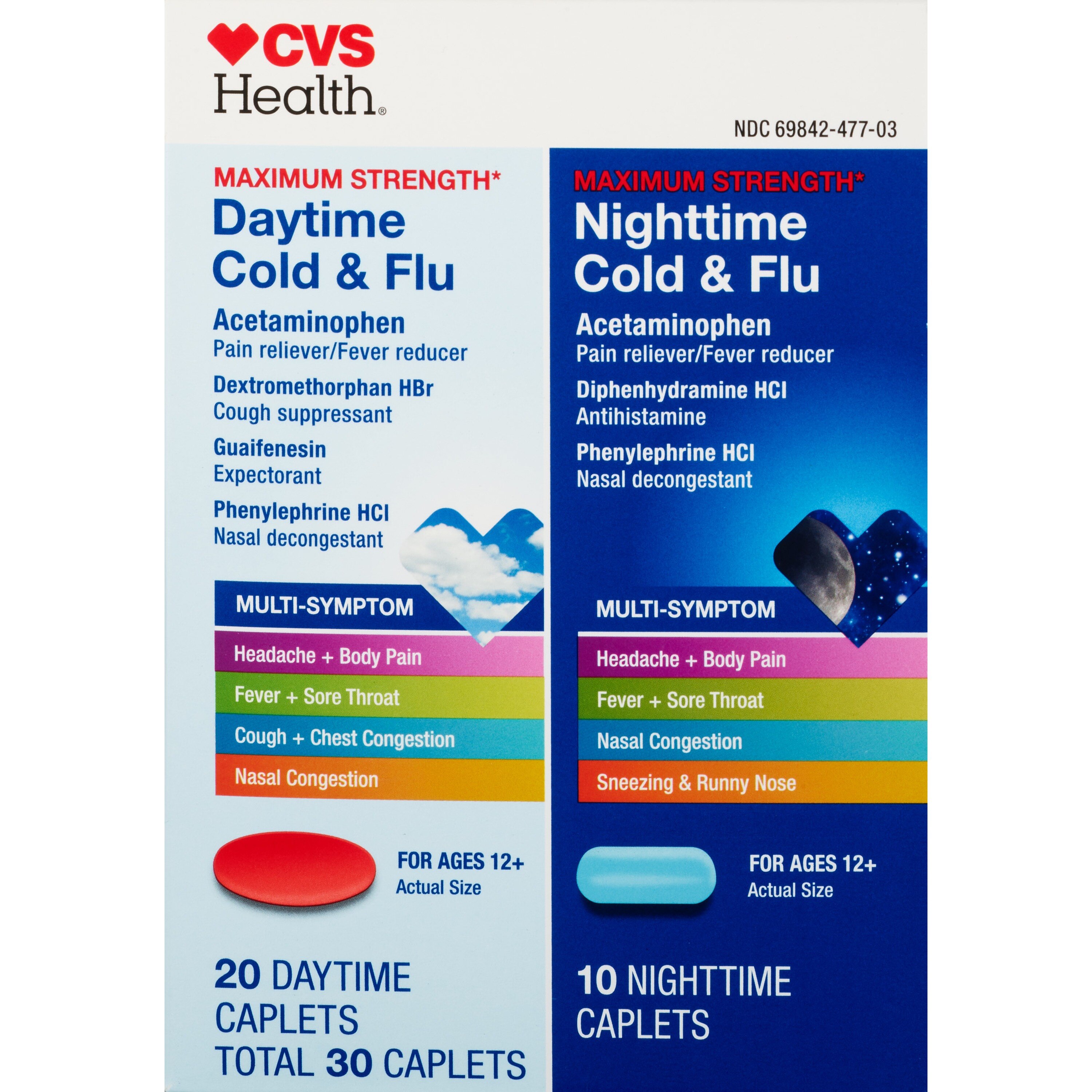 CVS Health Max Strength Severe Cold & Flu, Day & Night Combo Pack, 20CT Day, 10CT Night image.