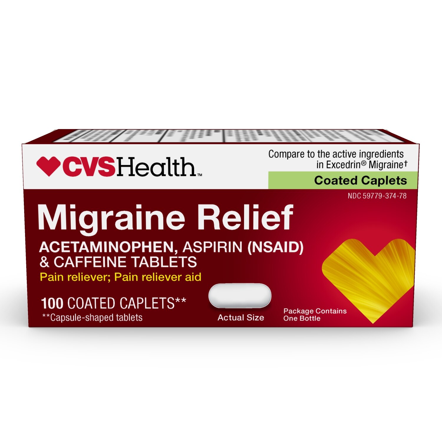 CVS Health Migraine Relief Acetaminophen Aspirin (NSAID) & Caffeine Tablets image.