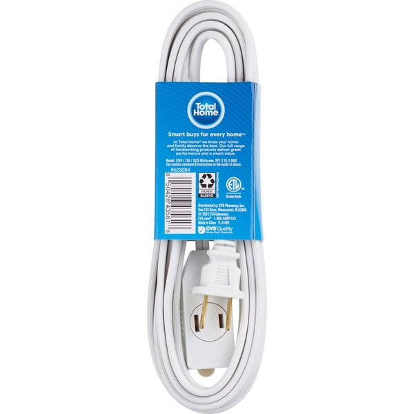 Total Home 3-Outlet Indoor Extension Cord, 15 Ft White