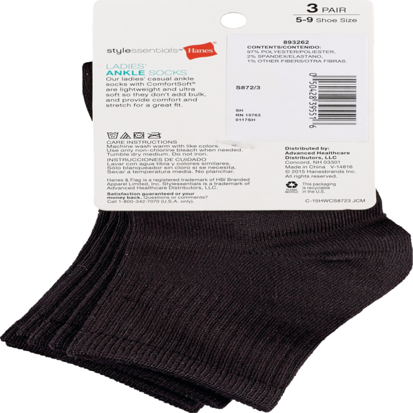 Style Essentials by Hanes Ladies' Ankle Socks 3 Pairs, Size 5-9