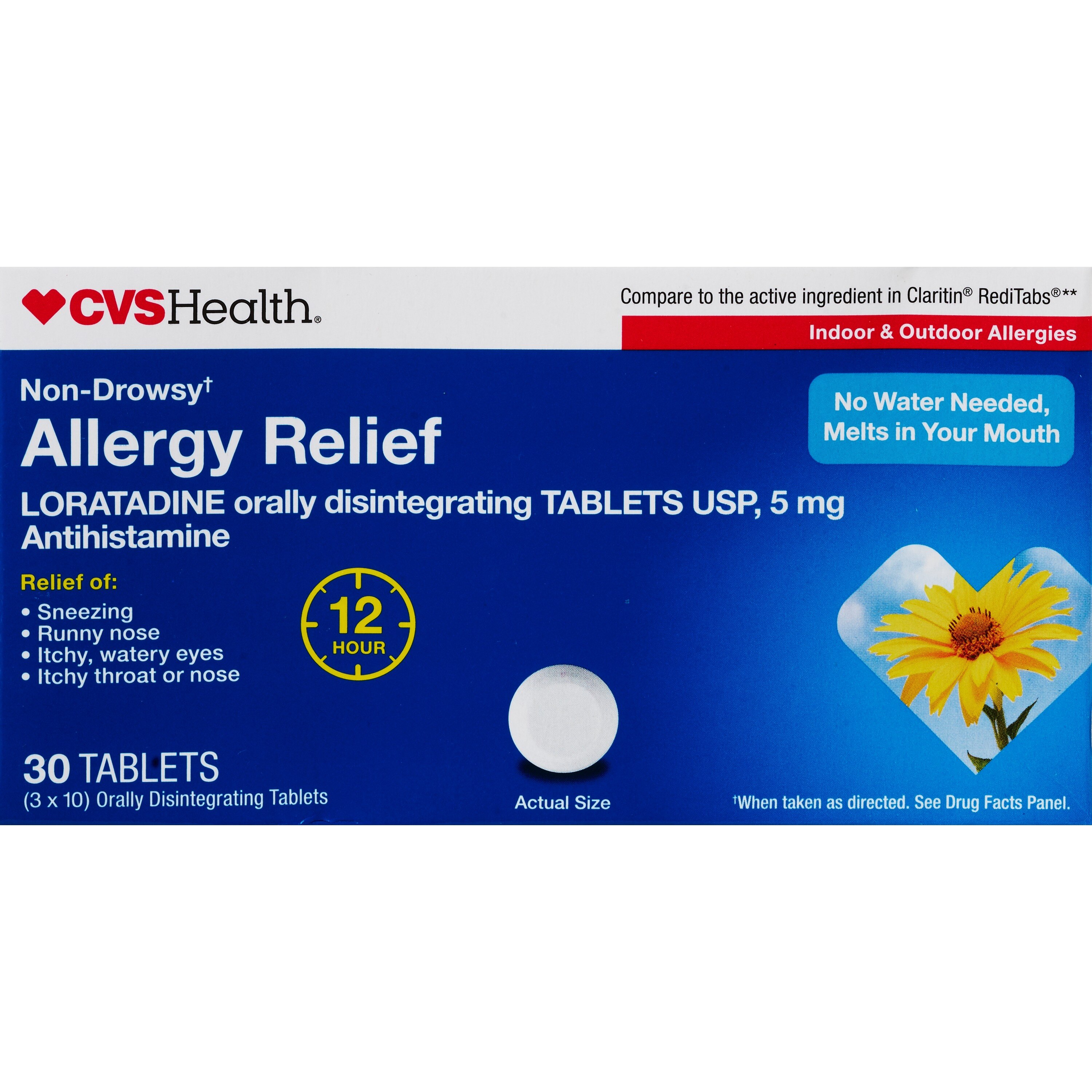 CVS Health Non-Drowsy Allergy Relief Loratadine Orally Disintegrating Tablets, 30 CT image.