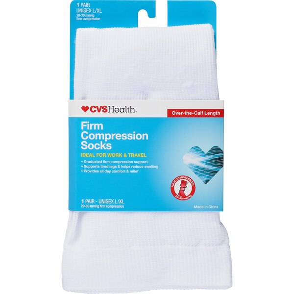 CVS Health Firm Compression Socks Over-The-Calf Length Unisex, 1 Pair, L/XL, White