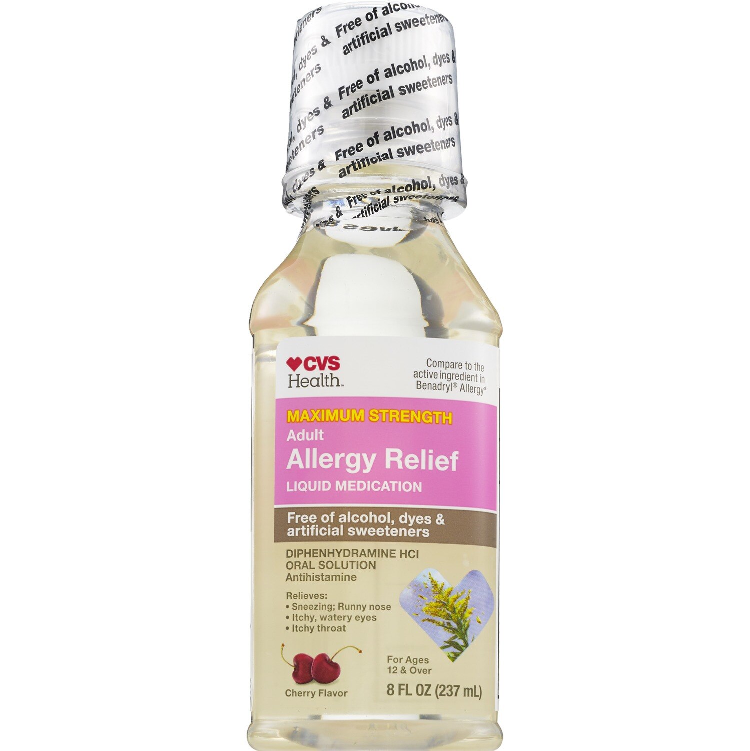 CVS Health Maximum Strength Adult Allergy Relief Liquid Medication, Cherry, 8 OZ image.