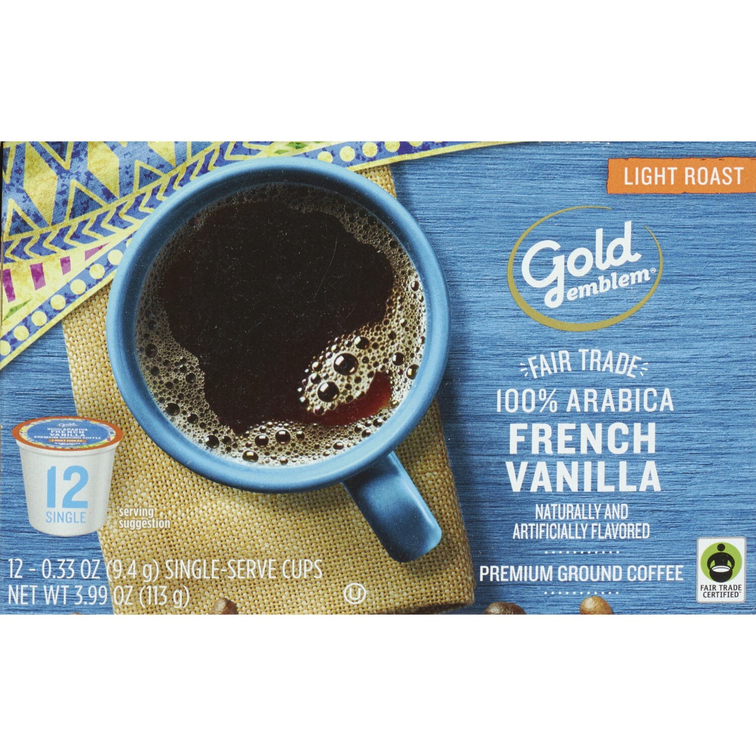 Gold Emblem Fair Trade Premium Ground Coffee Single-Serve Cups, French Vanilla, 12 ct, 3.99 oz