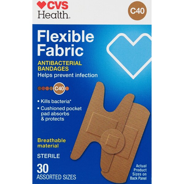 CVS Health Flexible Fabric Antibacterial Bandages, Assorted Sizes, 30 CT