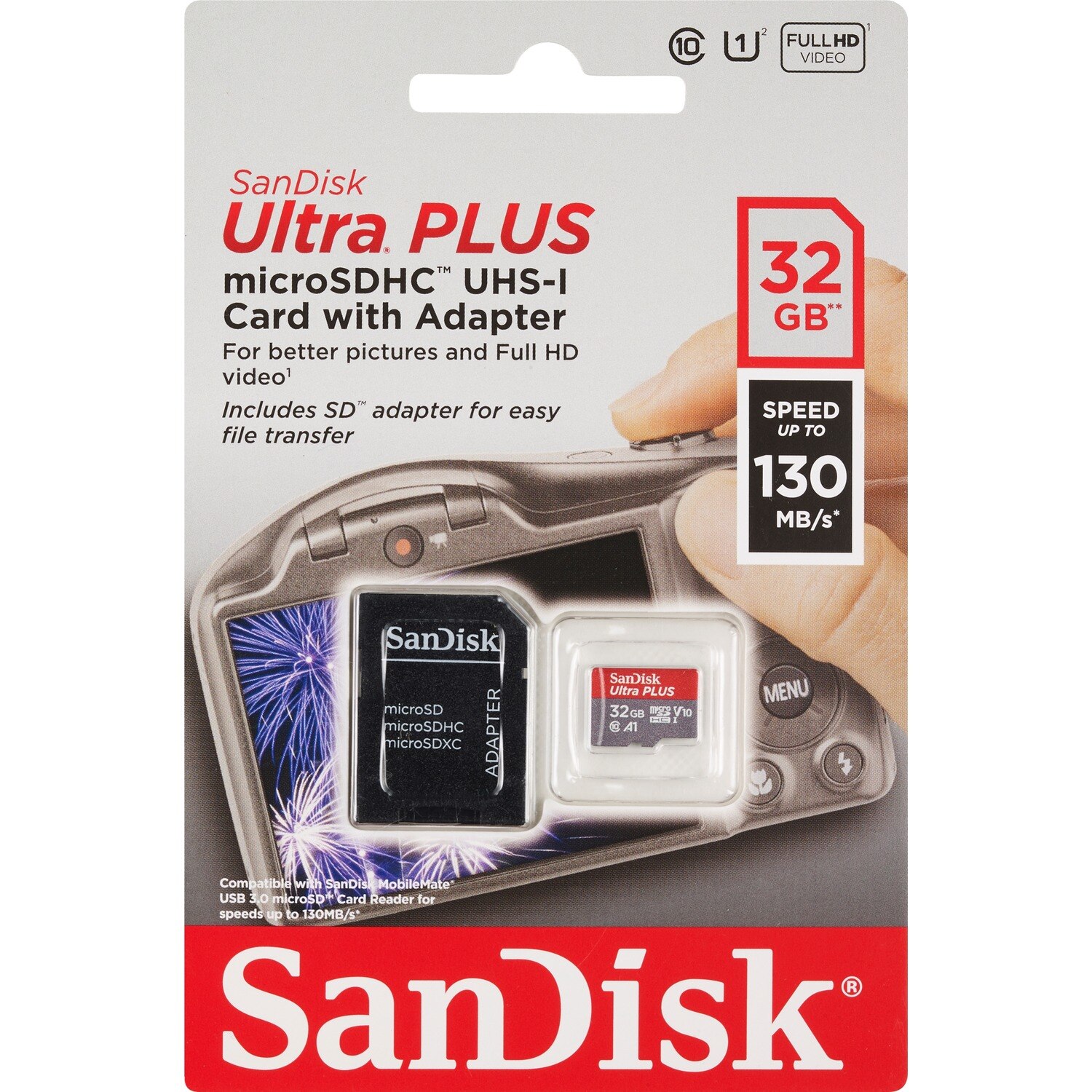 SanDisk 32GB Ultra Plus MicroSDHC UHS-I Card with Adapter image.