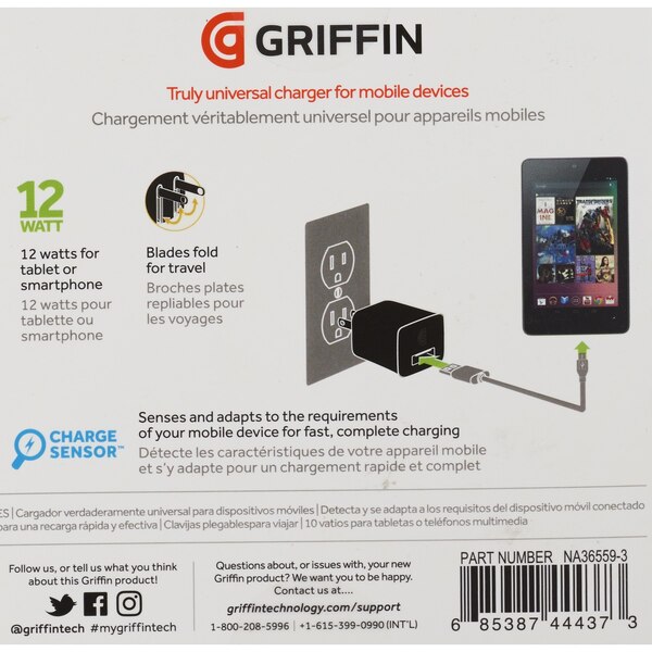 Griffin PowerBlock Universal USB-A 12W Wall Charger - Black. Lifetime Warranty.