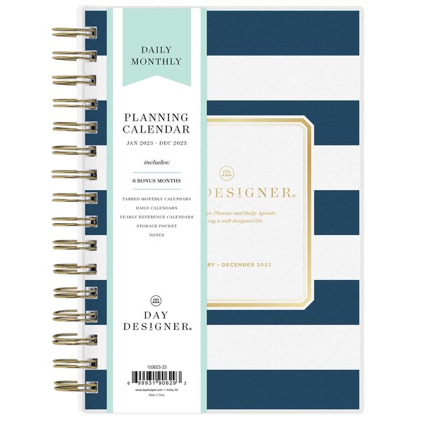 Day Designer 2023 Tabbed Weekly and Monthly Planner, 5 in. x 8 in., Navy Stripe