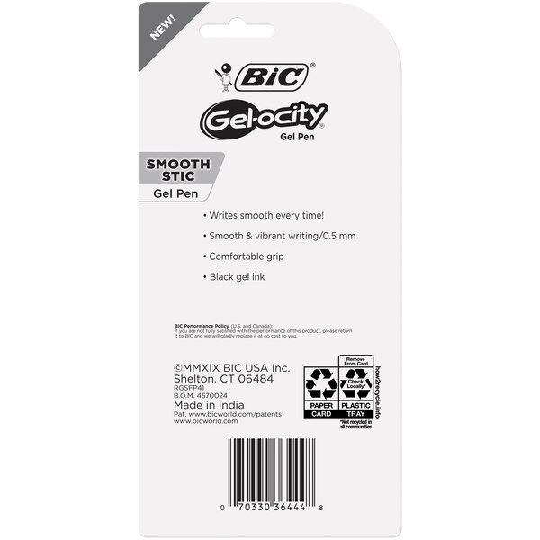 BIC Gel-ocity Smooth Stic Gel Pen, Fine Point (0.5mm), Black, 4 ct