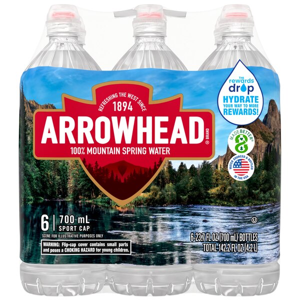 Arrowhead 100% Mountain Spring Water, Sport Cap Bottles, Pack of 6, 23.7 oz