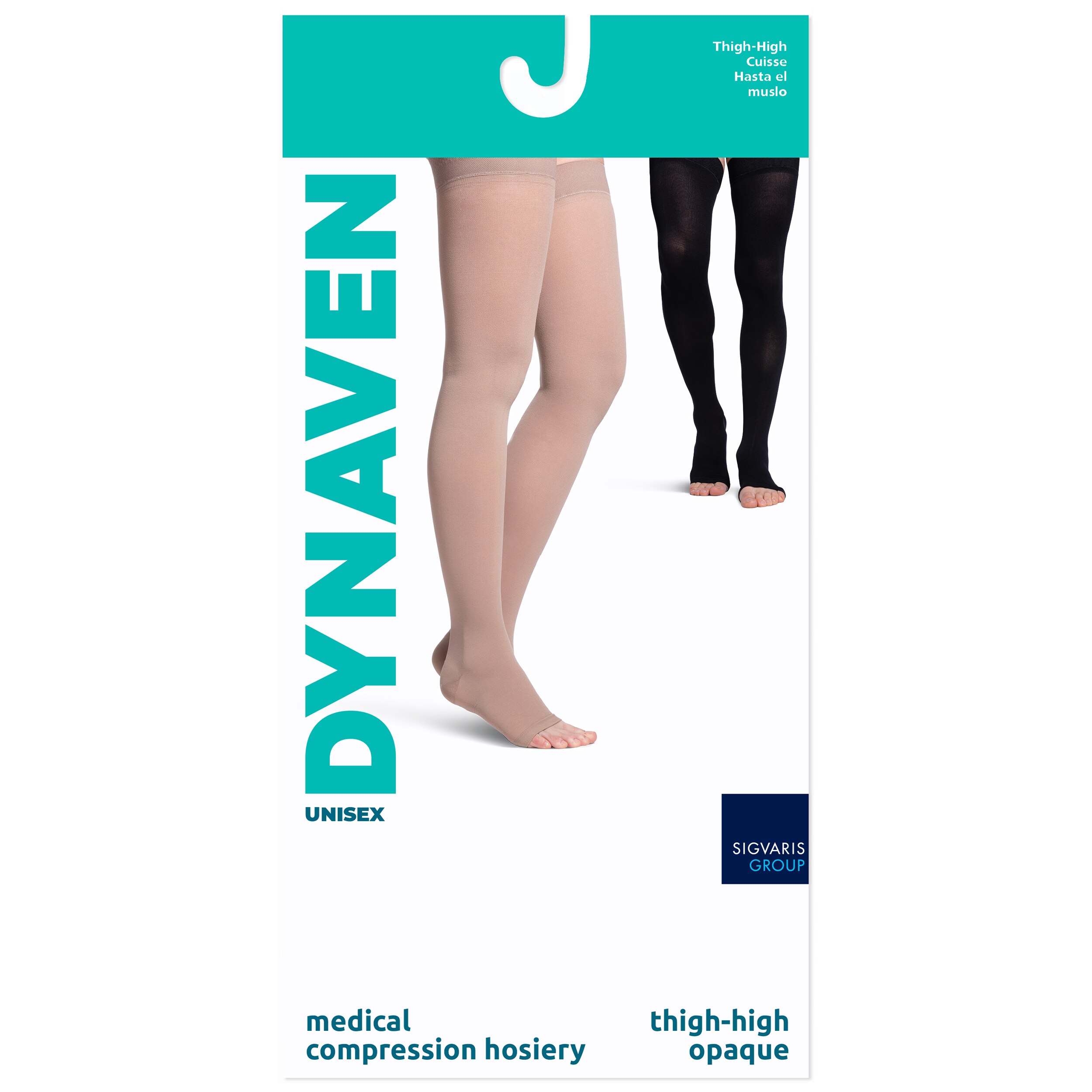 DYNAVEN Women's Opaque Thigh-High, Open-Toe, Light Beige, 20-30mmHg image.