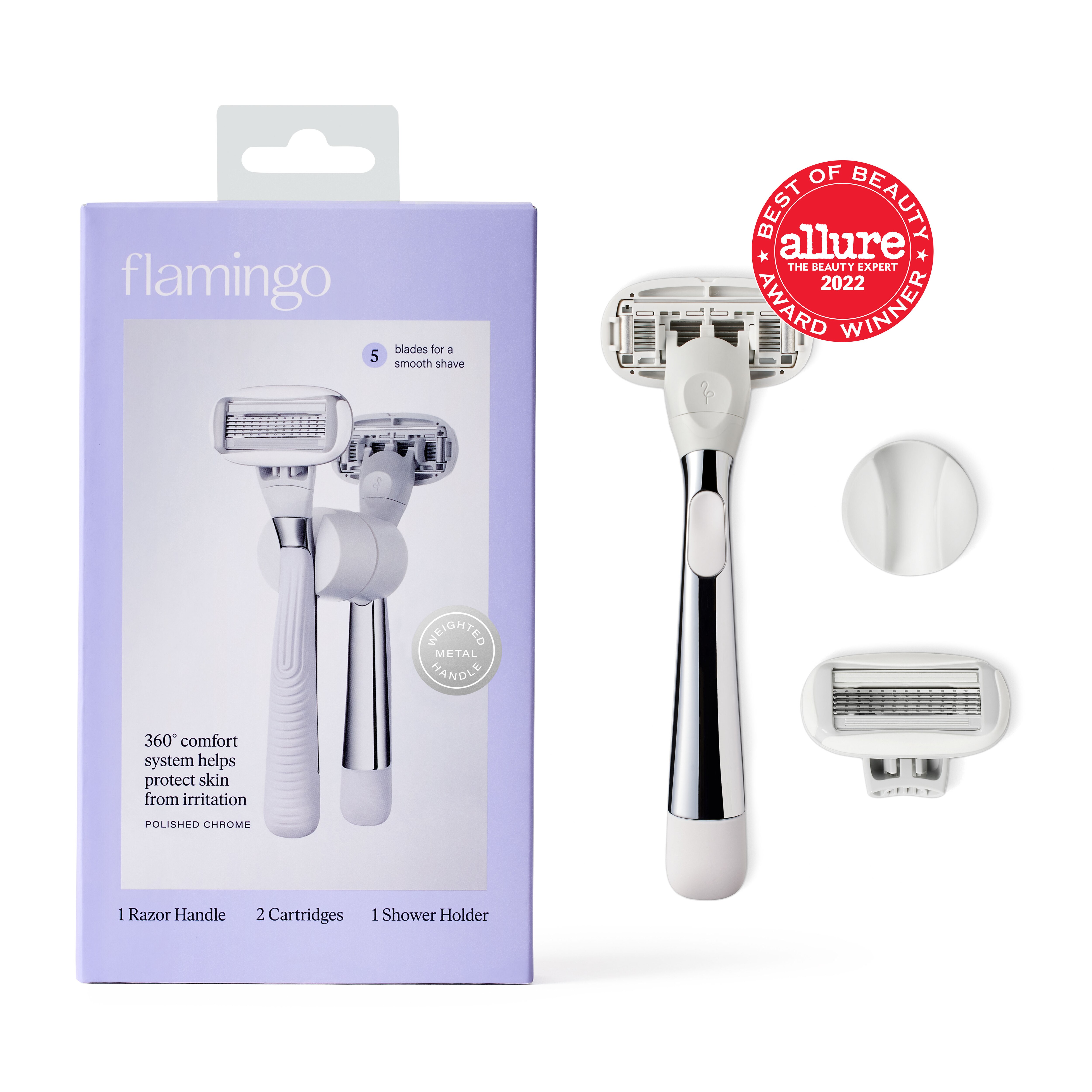 Flamingo Women's 5-Blade Razor + 2 Razor Blade Refills + 1 Shower Holder