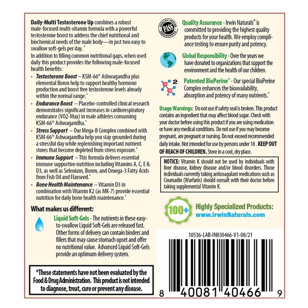 Irwin Naturals Daily Multi Testosterone Up Liquid Soft-gels, 60 CT