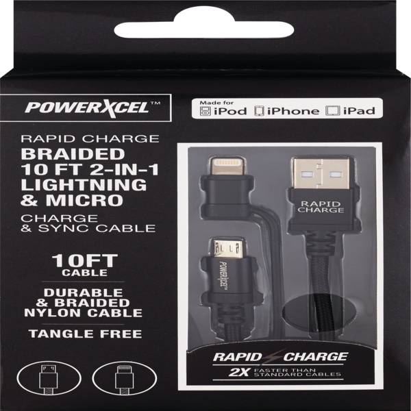 Rapid Charge Braided 10Ft 2-In-1 Lightning & Micro Charge & Sync Cable