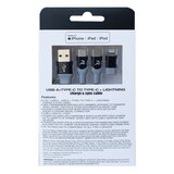 PowerXcel 4 In 1 Charge and Sync Cable with Kevlar Shielding- USB A, Type C to Type C, Lightning , Black, thumbnail image 3 of 4