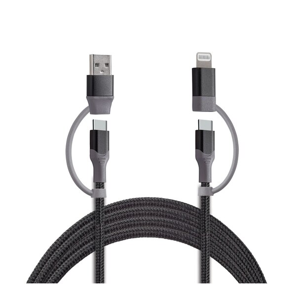 PowerXcel 4 In 1 Charge and Sync Cable with Kevlar Shielding- USB A, Type C to Type C, Lightning , Black