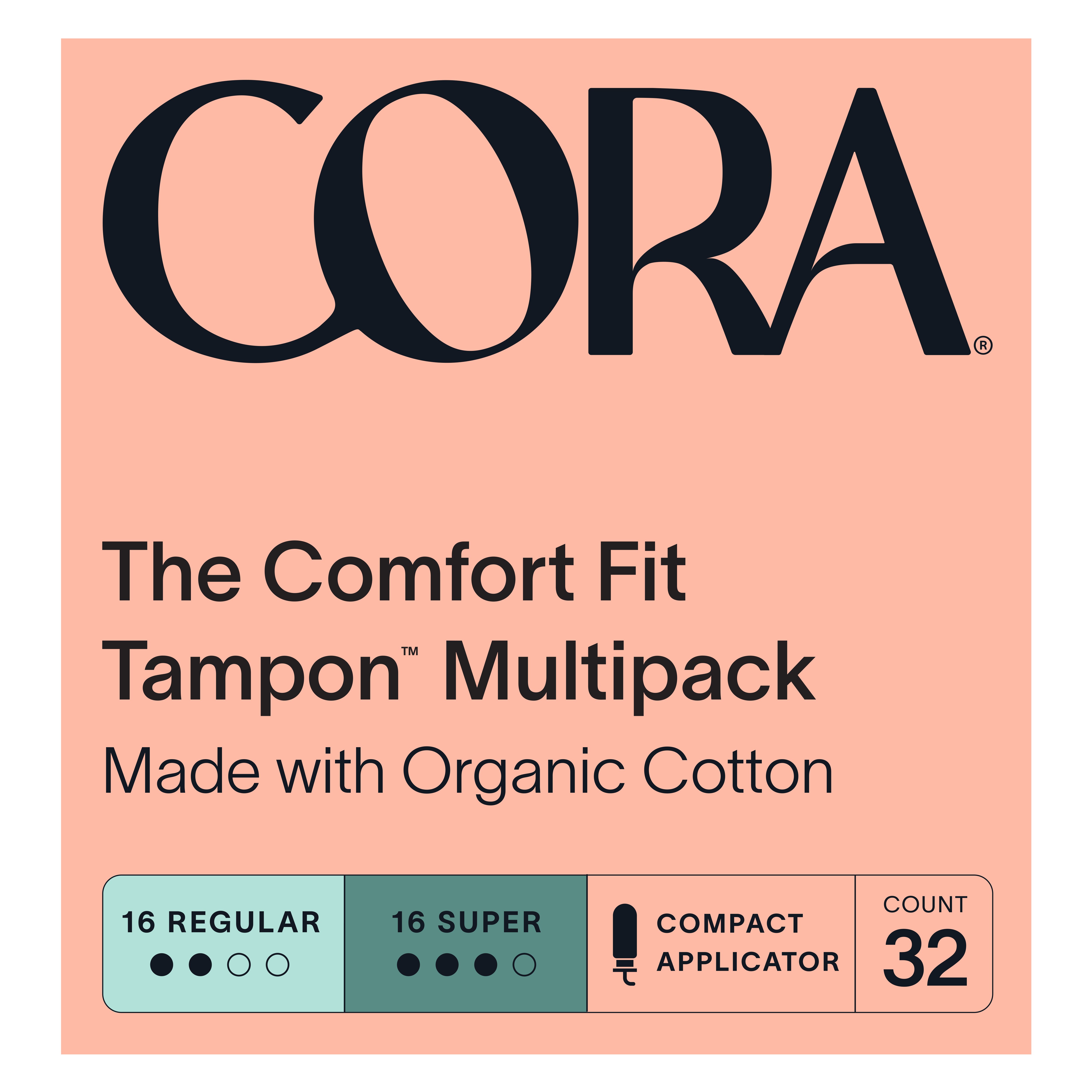 Cora The Comfort Fit Organic Cotton Tampons, Regular and Super Variety Pack, 32 CT image.
