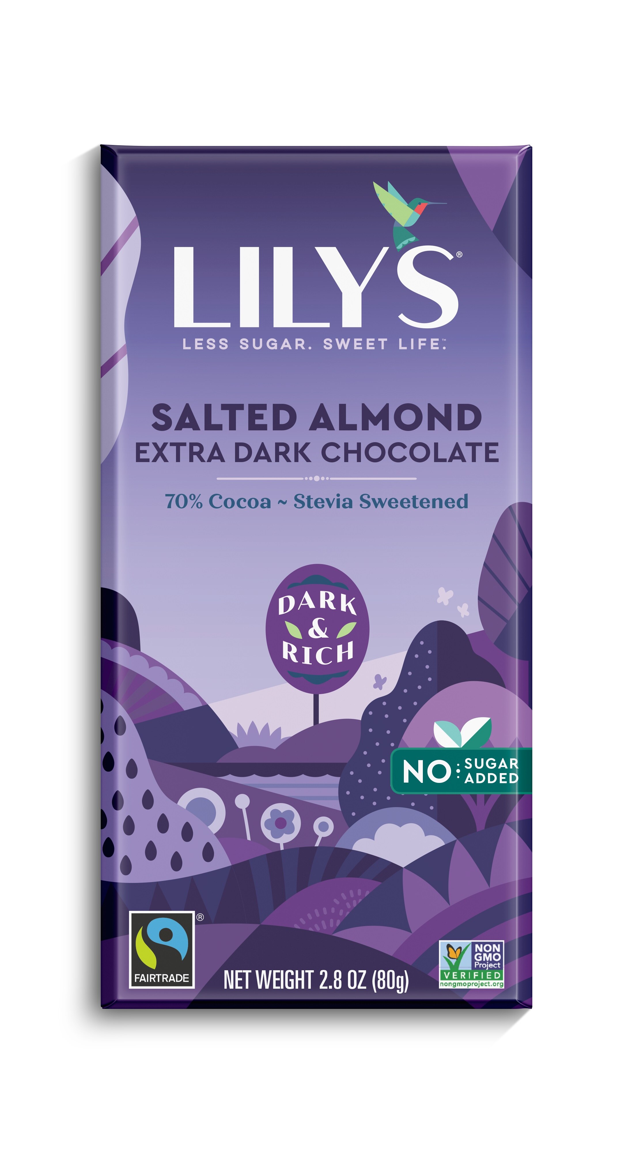 Lily's Salted Almond Stevia Extra Dark Chocolate Bar, 2.8 oz image.