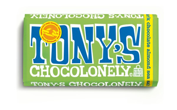 Tony's Chocolonely 51% Dark Chocolate Bar with Almonds and Sea Salt, 6.35 oz