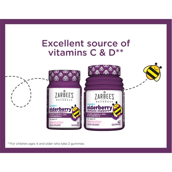 Zarbee's Naturals Children's Elderberry Immune Support*, Vitamin C & Zinc, Berry, 21 Gummies