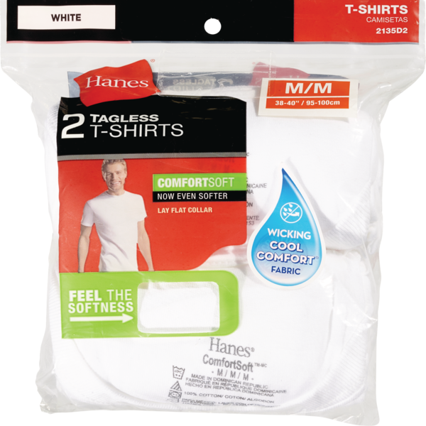 Hanes Crew Neck Tagless T-Shirts, White, 2 CT