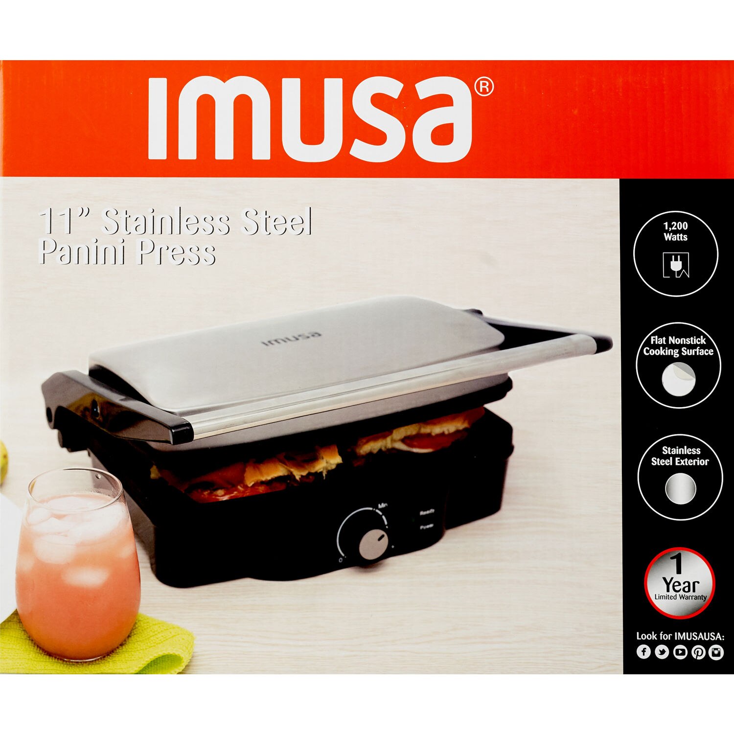 IMUSA Stainless Steel Panini Press, Adjustable Knob image.