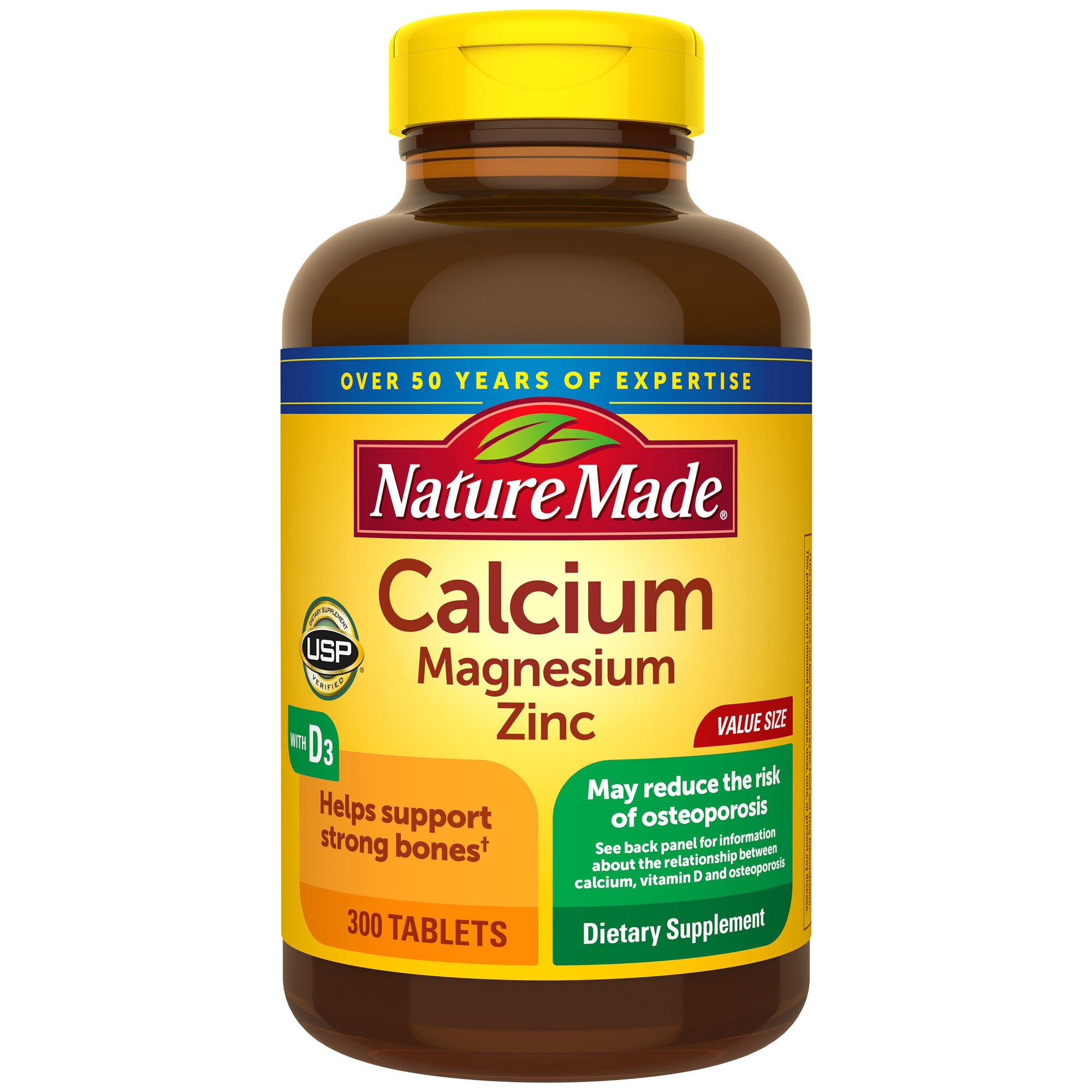 Nature Made Calcium Magnesium Zinc with Vitamin D3, Calcium Supplement for Bone Support, 300 Tablets