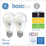 GE Basic LED Soft White 75W Light Bulbs, A19, 2 CT, thumbnail image 1 of 3