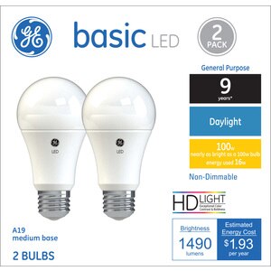 GE Basic Daylight LED 100W Non-Dimmable Light Bulbs, A19, 2 CT