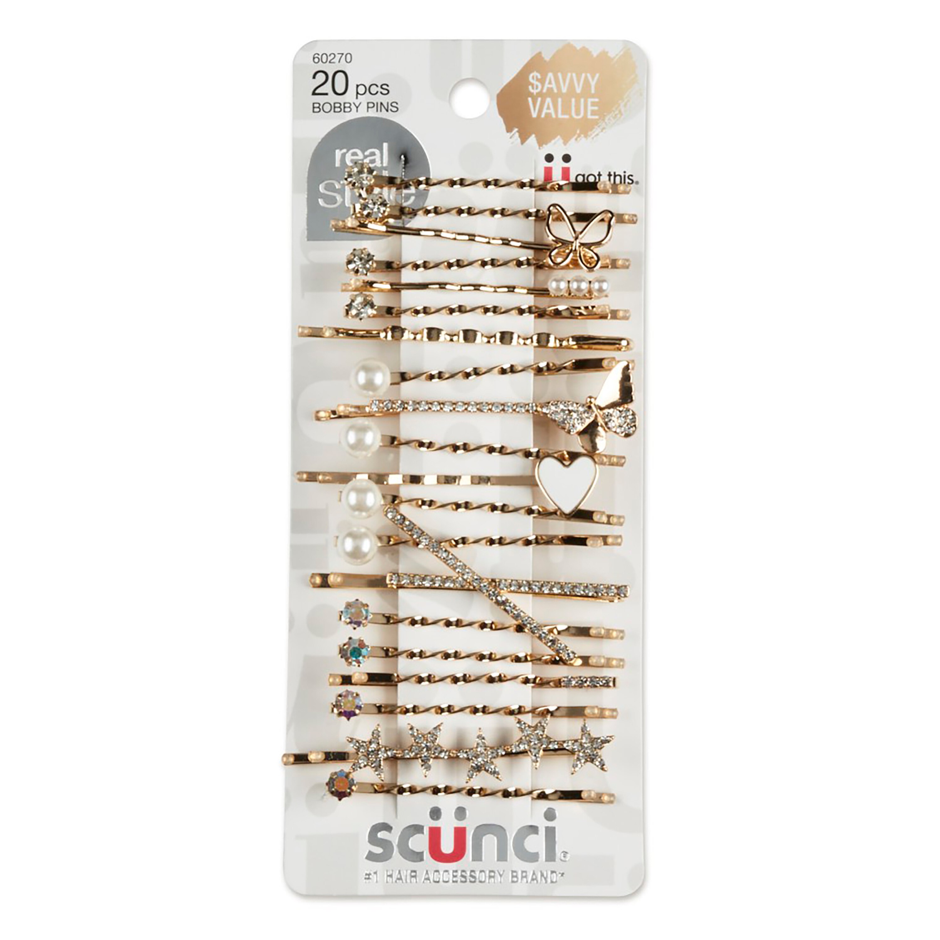 Scunci Rhinestone & Pearl Bobby Pins, Gold, 20 CT