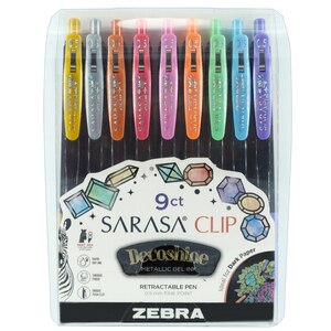 Zebra Sarasa Clip Retractable Gel Pens, 0.5mm, Assorted Decoshine Colors, 9 pk