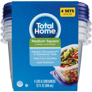 Total Home Medium Square Food Storage Containers, 32 oz, 4 ct