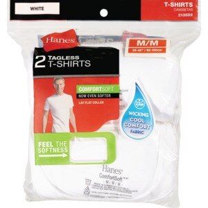 Hanes Crew Neck Tagless T-Shirts, White, 2 CT