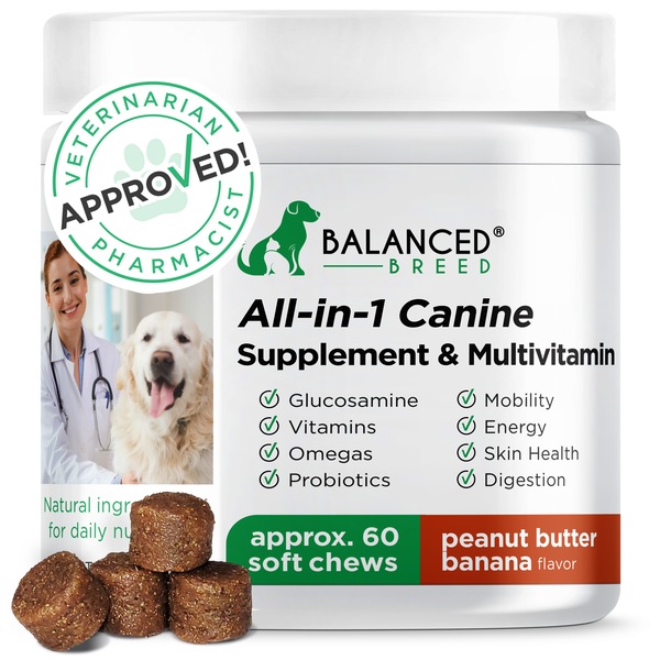 Balanced Breed All-In-1 Canine Multivitamin Soft Chews, Peanut Butter & Banana, 60 ct 