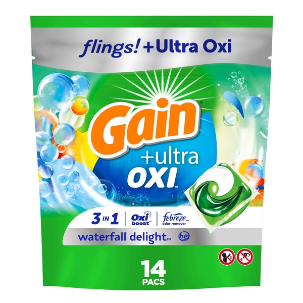 Gain flings Ultra Oxi Laundry Detergent Pacs, Waterfall Delight Scent, 3-in-1, HE Compatible, 14 ct