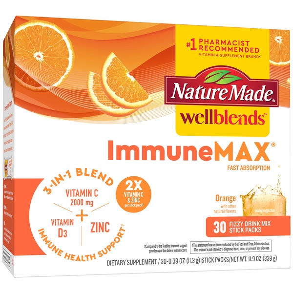 Nature Made Wellblends ImmuneMAX Fizzy Drink Mix Stick Packs, Vitamin C, D3, Electrolyte Packets, 30 CT