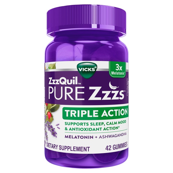 ZzzQuil PURE Zzzs Triple Action Gummy Melatonin Sleep-Aid with Ashwagandha, 6mg per Serving