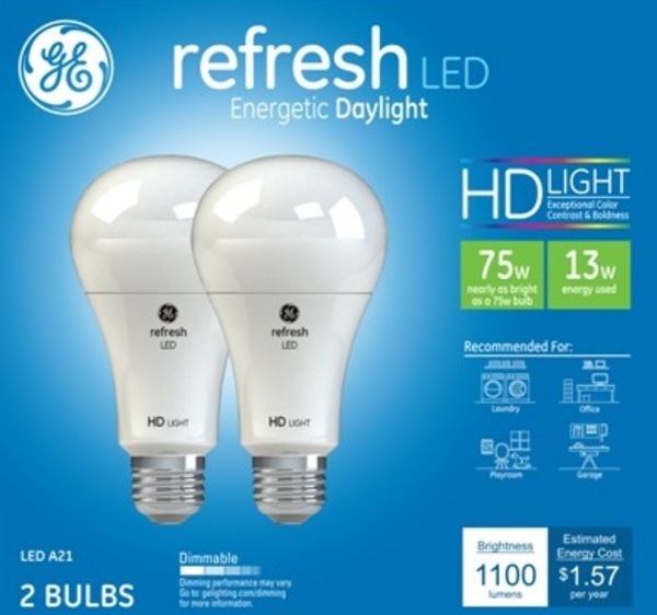 GE Refresh Daylight HD 75W LED Light Bulbs, A21, 2 CT