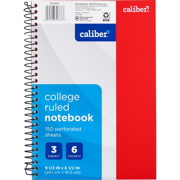 Caliber Premium 3 Subject Notebook, College Ruled, 150 Sheets, Assorted