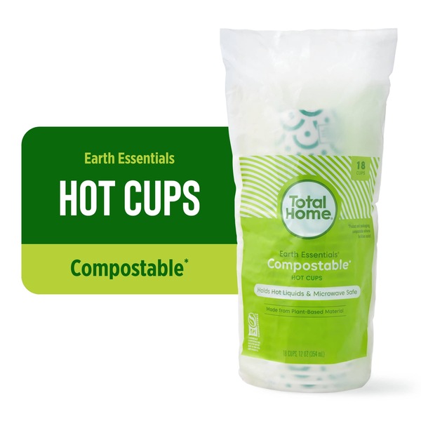 Total Home Earth Essentials Compostable Hot Cups, 18 ct, 12 oz