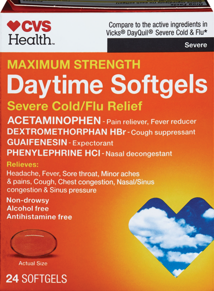 CVS Health Maximum Strength Daytime Softgels for Severe Cold + Flu Relief, 24 CT