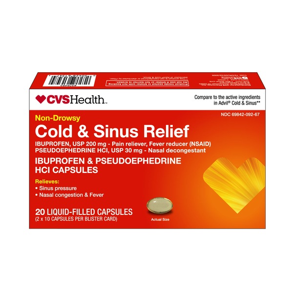 CVS Health Cold & Sinus Relief, Ibuprofen and Pseudoephedrine HCl Capsules 200 mg/30 mg, Non-Drowsy, 20 CT