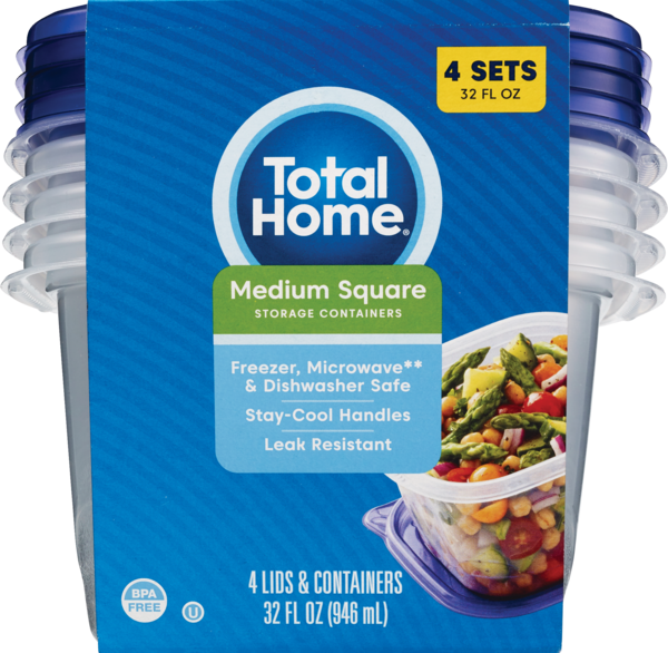 Total Home Medium Square Food Storage Containers, 32 oz, 4 ct