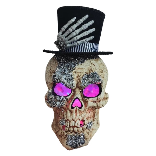 Spooky Village Light-Up Skull Head with Top Hat, 18 in