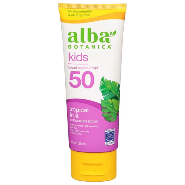 Alba Botanica Broad Spectrum Kids Sunscreen, Tropical Fruit, SPF 50