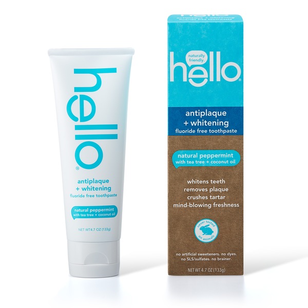 Hello Fluoride Free Antiplaque and Whitening Toothpaste, Vegan & SLS Free, Natural Peppermint with Tea Tree Oil & Coconut Oil, 4.7oz