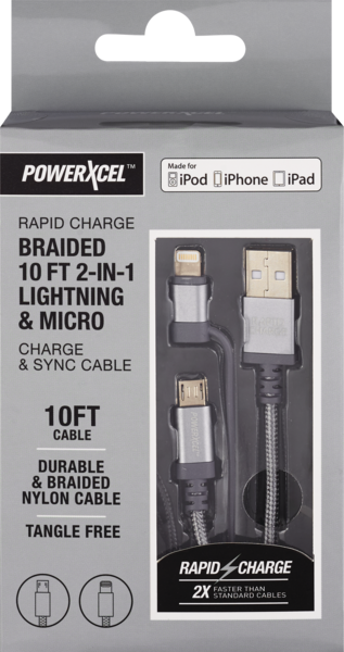 Rapid Charge Braided 10Ft 2-In-1 Lightning & Micro Charge & Sync Cable