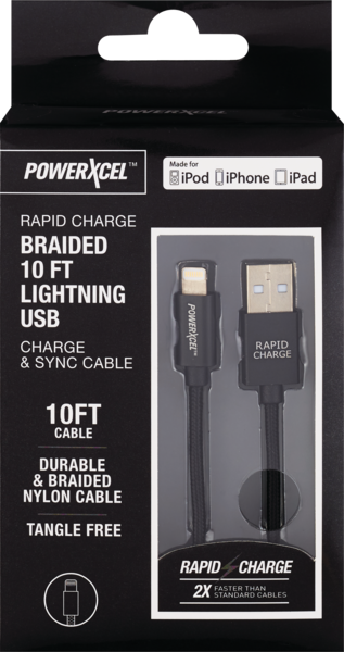 Rapid Charge Braided 10Ft Lightning USB Charge & Sync Cable